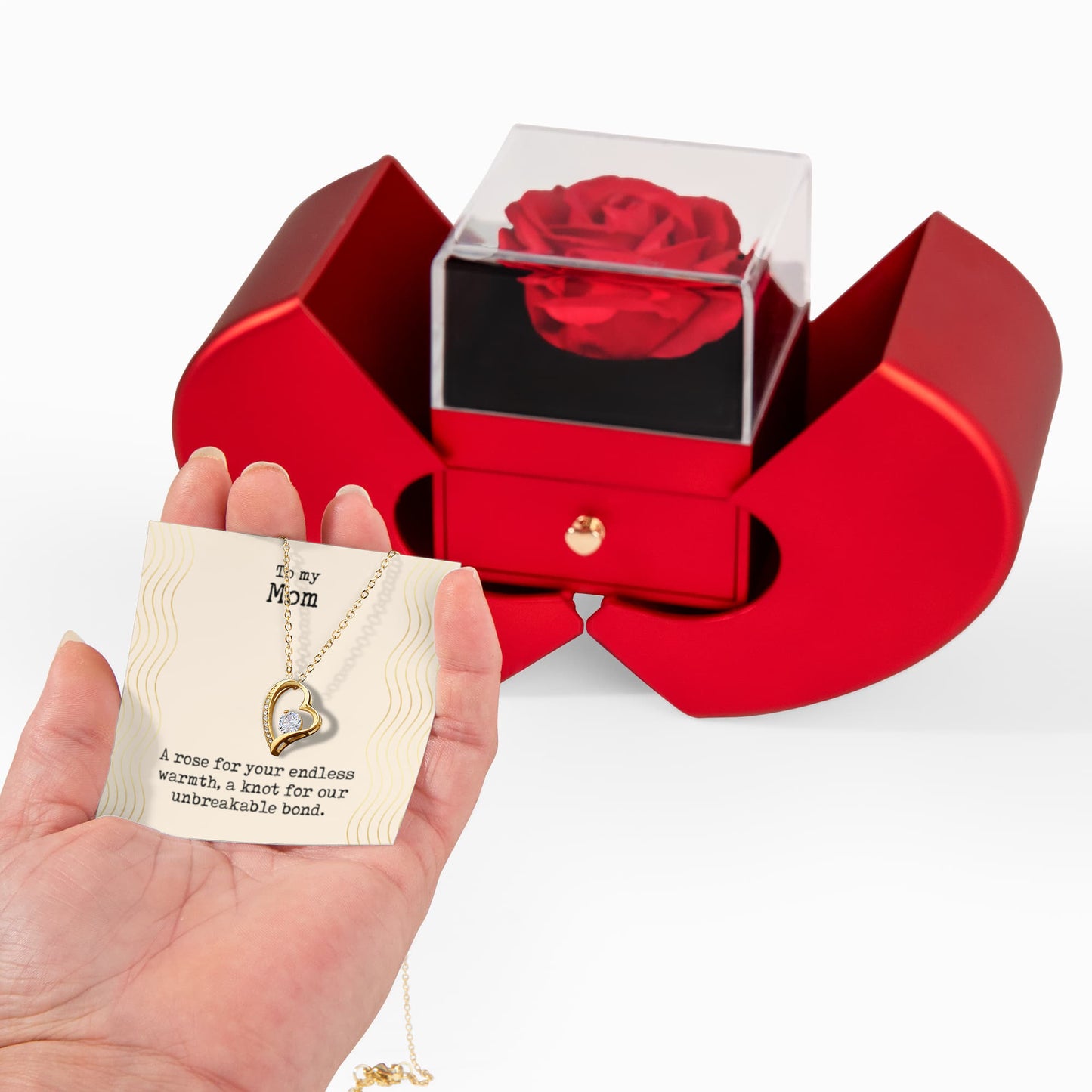 To my Mom A rose for your endless warmth Forever Love Necklace with Red Heart Rose Box