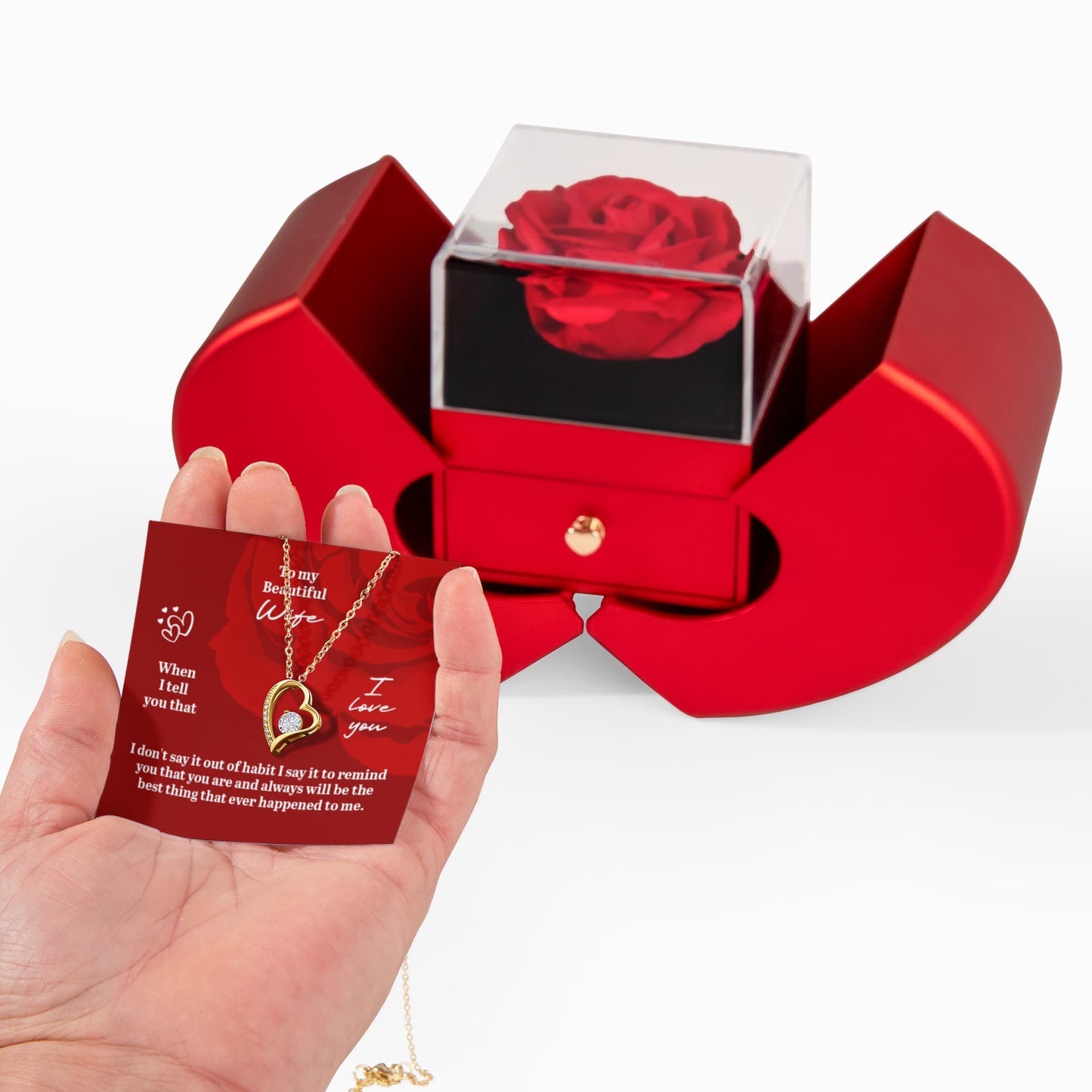 To my Beautiful Wife When I tell you Forever Love Necklace with Red Heart Rose Box