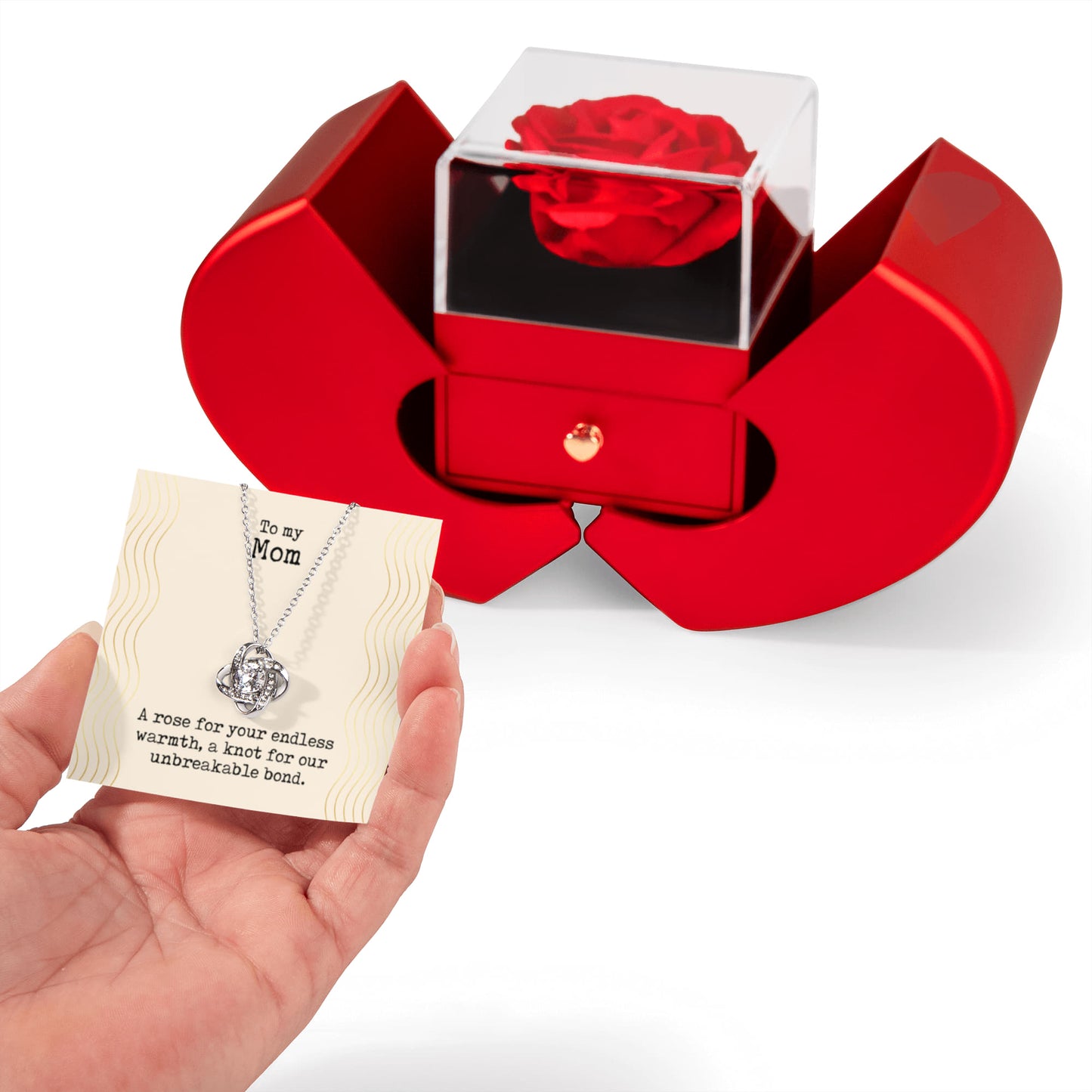 To my Mom, A rose for your endless warmth Love Knot Necklace with Red Heart Rose Box