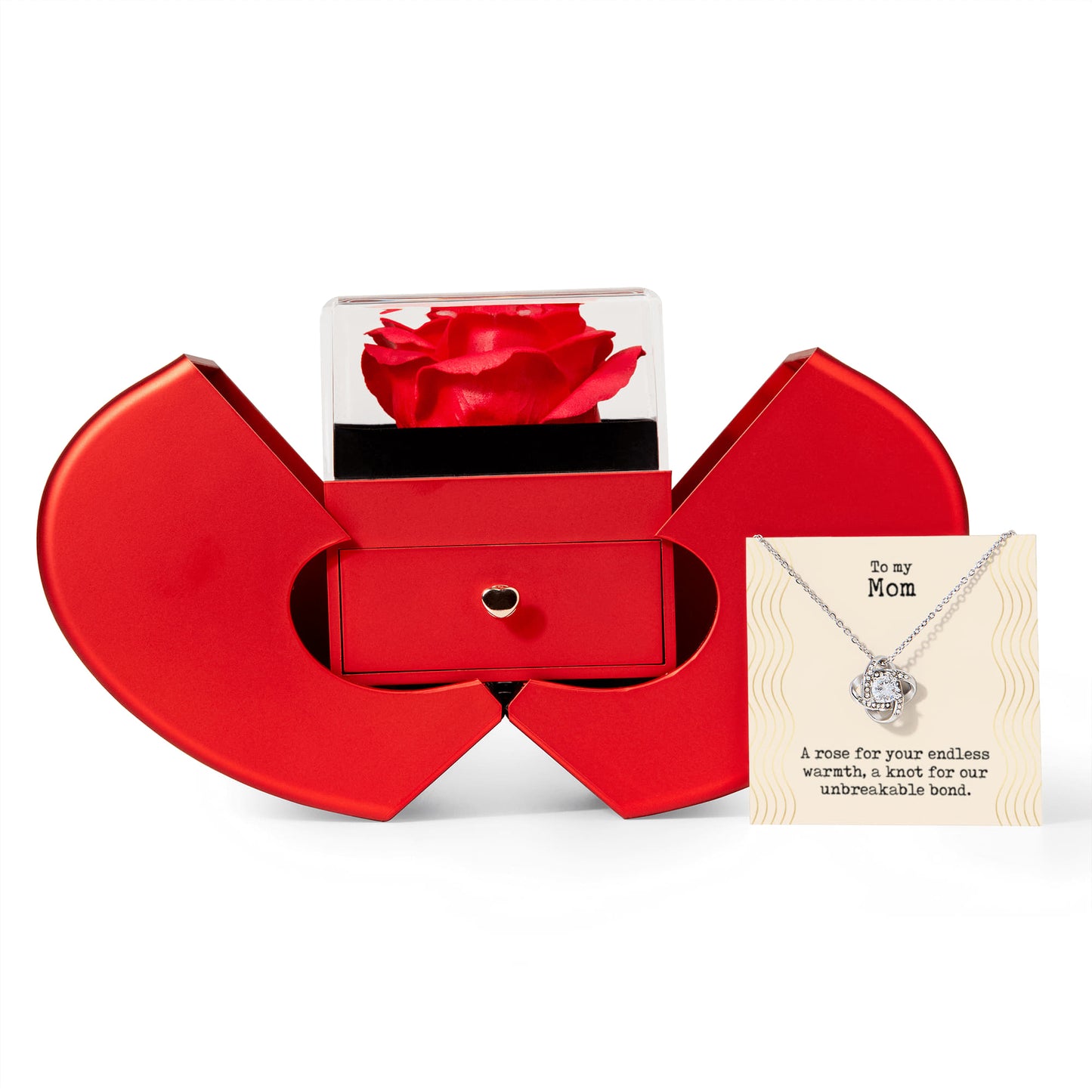 To my Mom, A rose for your endless warmth Love Knot Necklace with Red Heart Rose Box