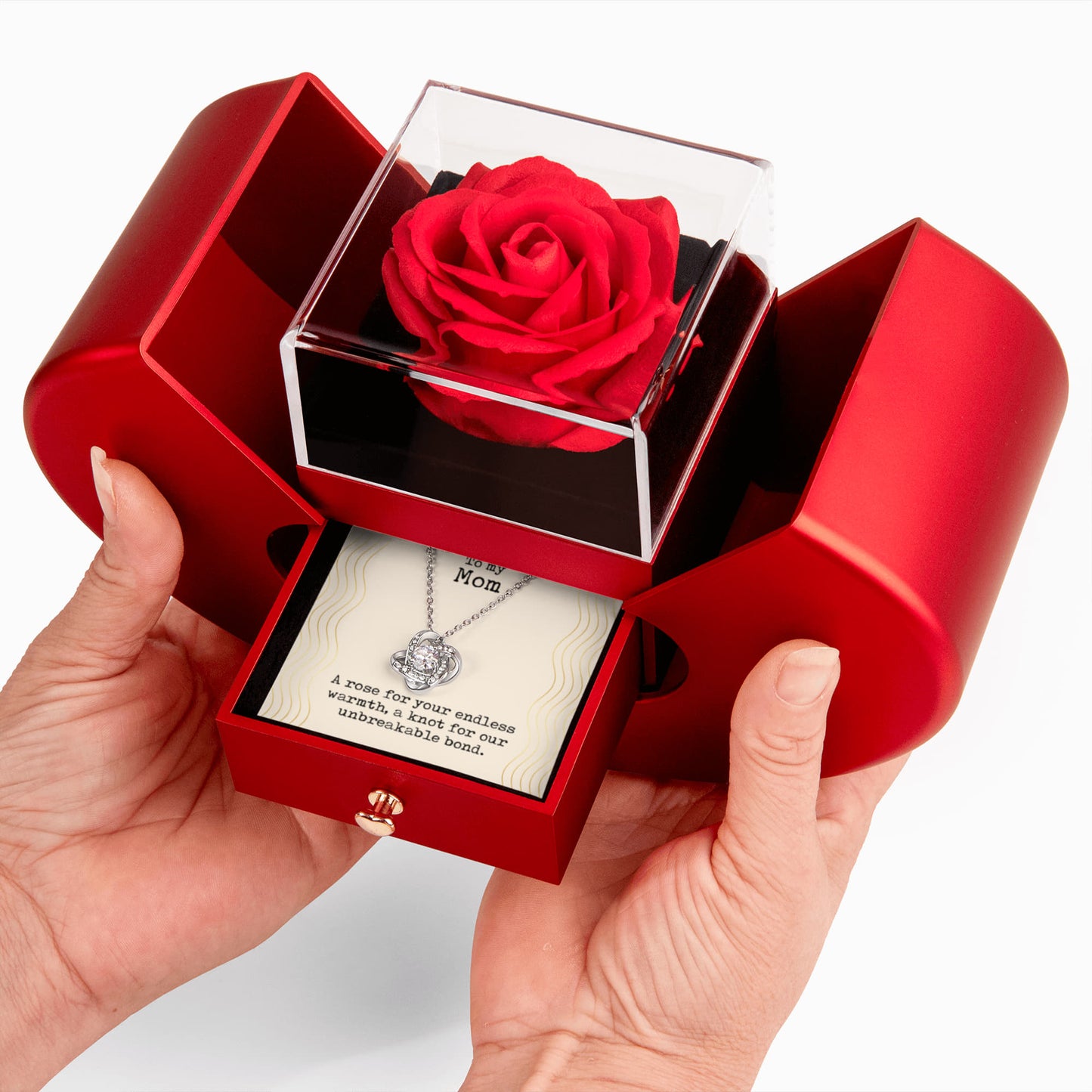 To my Mom, A rose for your endless warmth Love Knot Necklace with Red Heart Rose Box